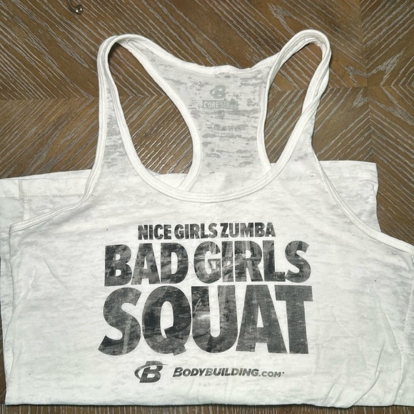 Bodybuilding.com Tops - Bodybuilding.com Womens Bad Girls Squat Graphic Tank Top White Large Burnout Gym